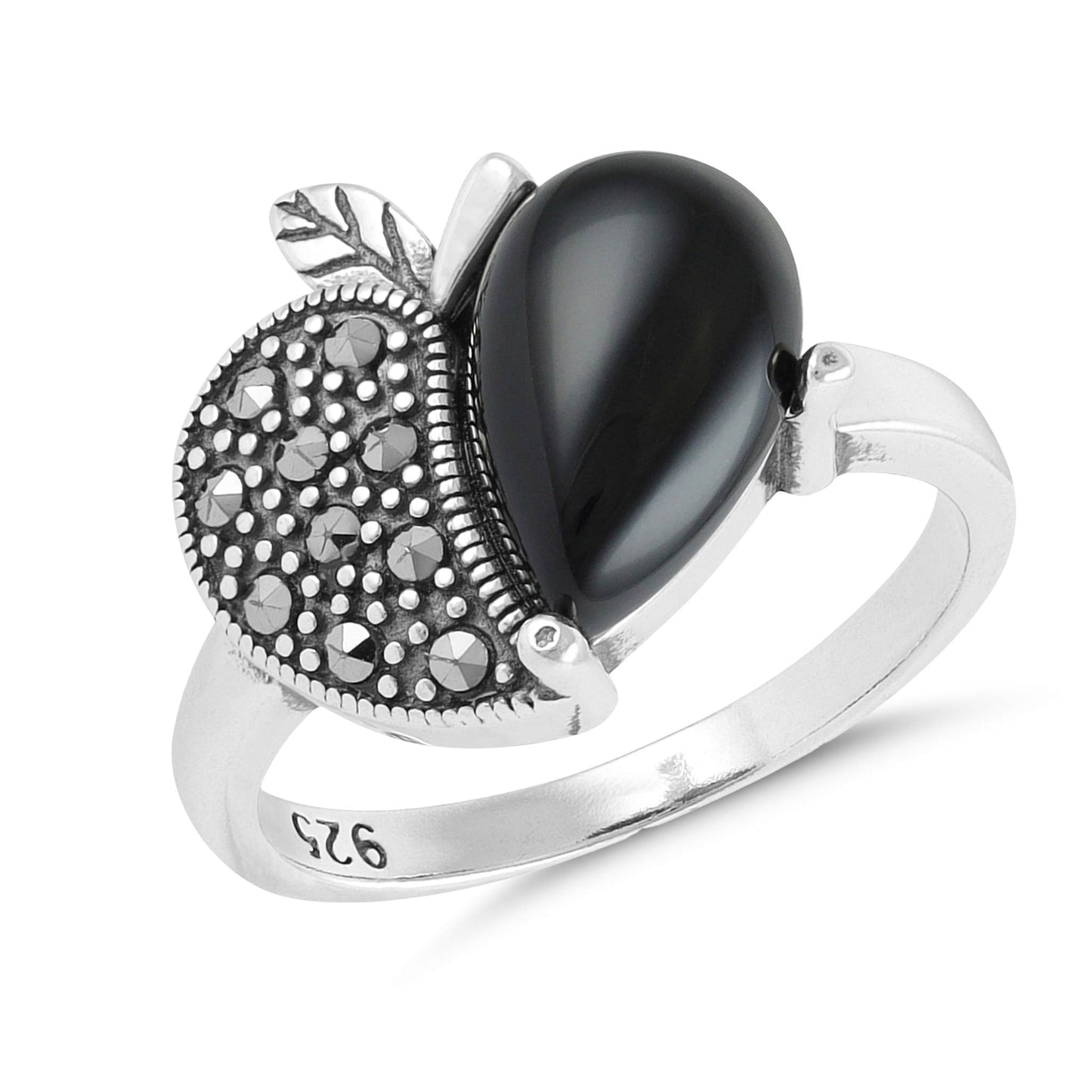 Sterling Silver Contrast Heart Black Gemstone Ring