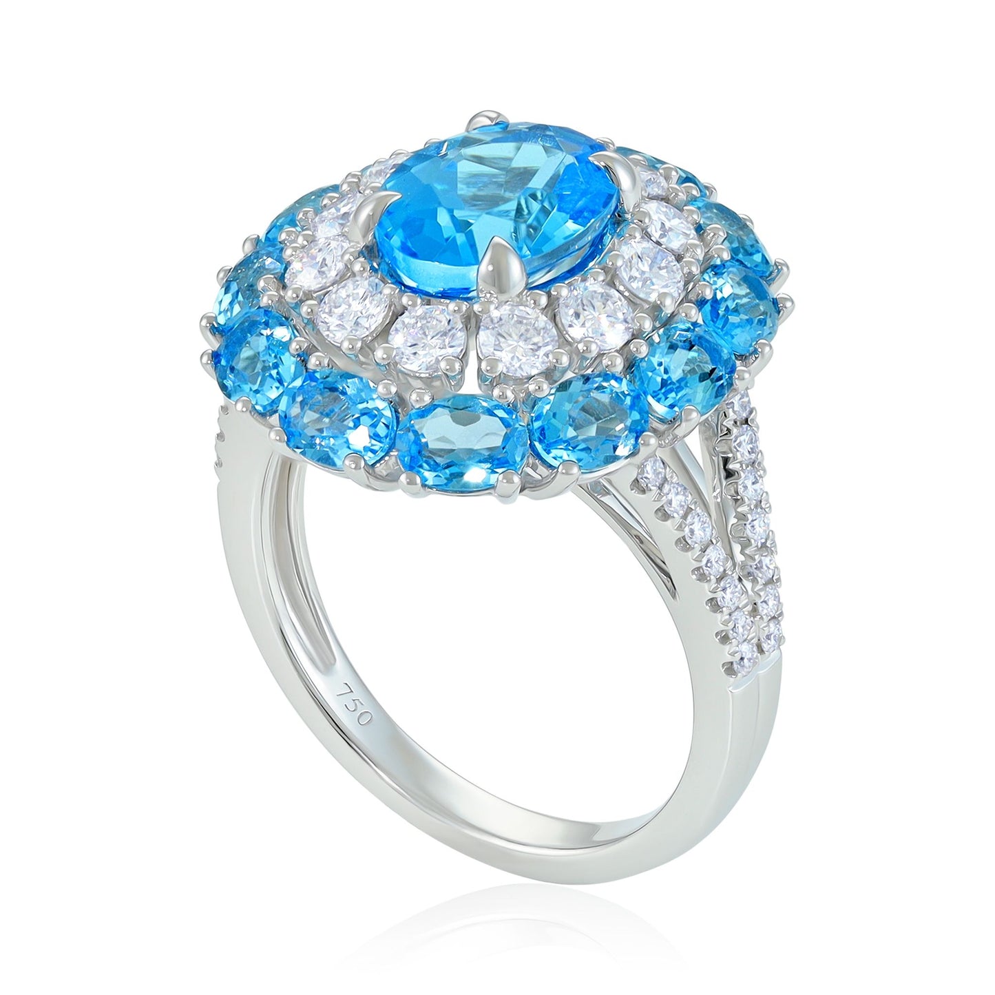 18ct Swiss Blue Topaz & Diamond Sunburst Cocktail Ring