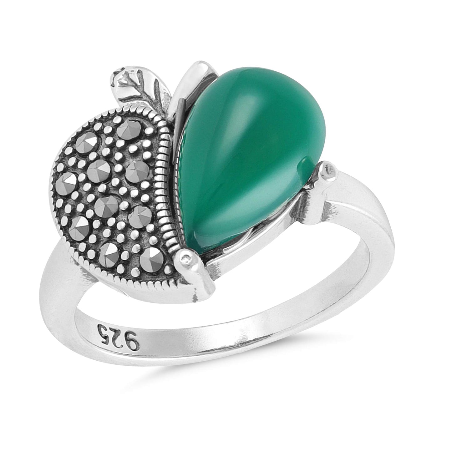 Sterling Silver Contrast Heart Green Gemstone Ring