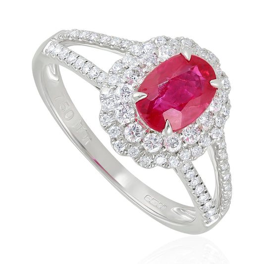 18ct White Gold Diamond and Ruby Halo Set Ring