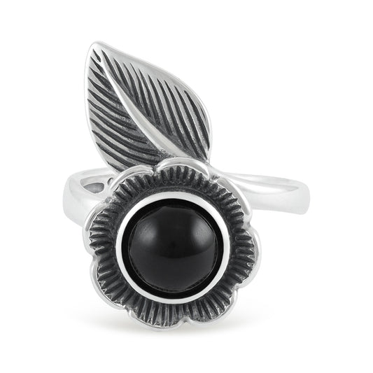 Sterling Silver Flower Black Gemstone Ring