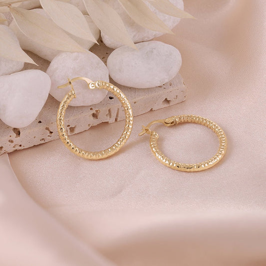 9ct Solid Yellow Gold Textured Hoop Earrings ERV0192S