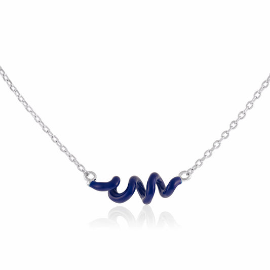 Sterling Silver Rhodium Plated Necklace With Blue Enamel Twist