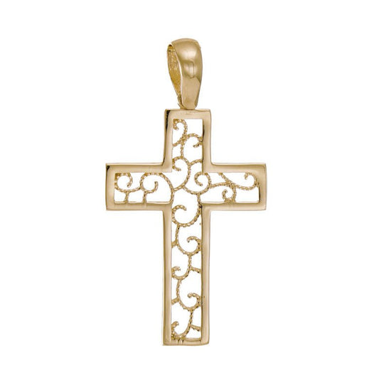 9ct Solid Gold Floral Design Cross Pendant - 35mm PD60096-9Y