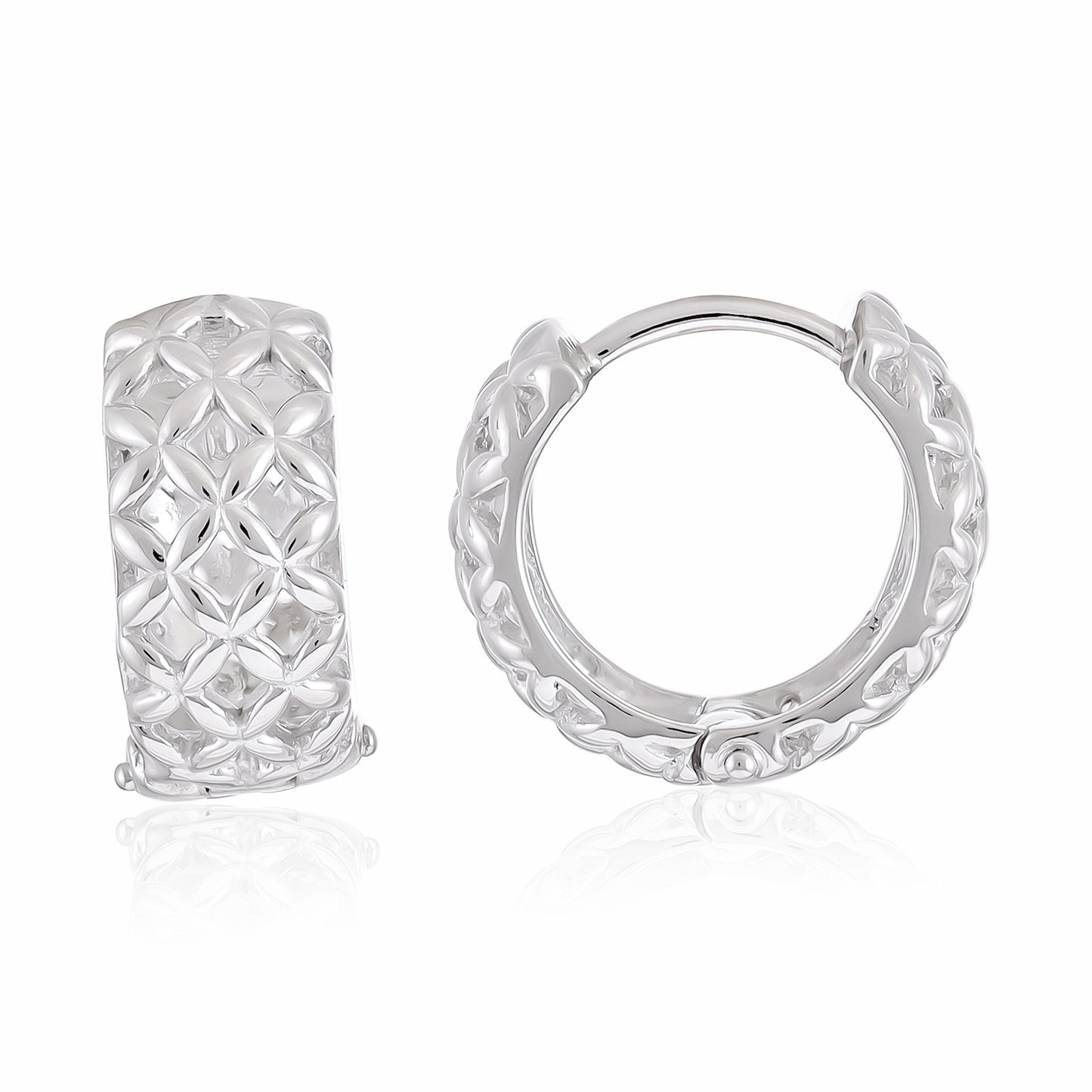 Sterling Silver Rhodium Plated Lattice Effect Huggie Hoop Earrings