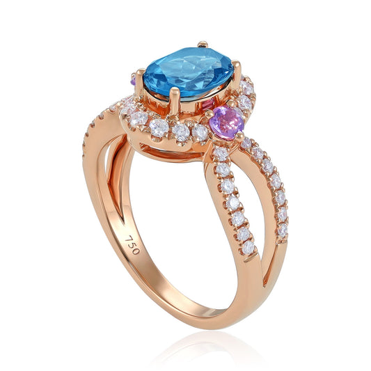 18ct Rose Gold Diamond Blue Topaz and Pink Amethyst Ring