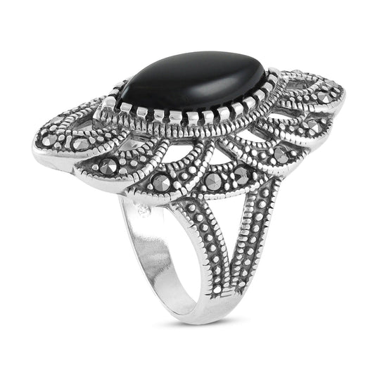 Sterling Silver Vintage Style Black Gemstone Ring