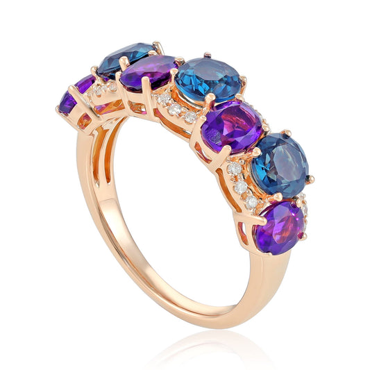 18ct Rose Gold Amethyst, Blue Topaz and Diamond Ring