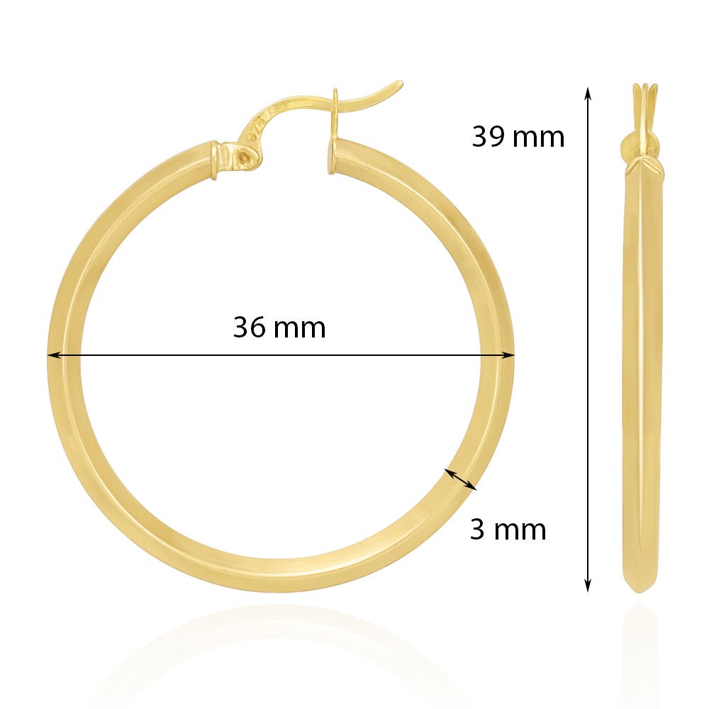 9ct Solid Yellow Gold Plain Hoop Earrings ERV0087M