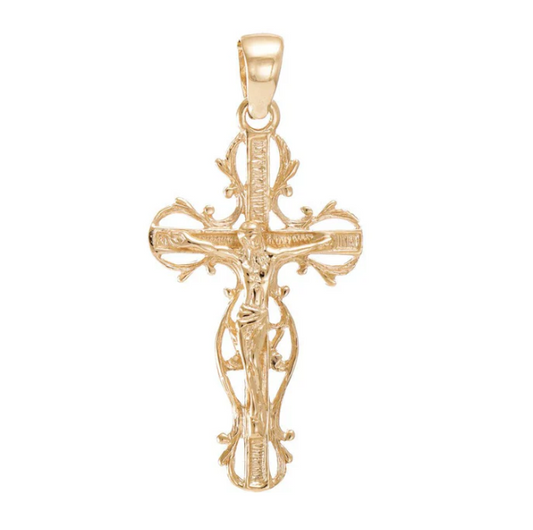 9ct Yellow Gold Floral Design Crucifix Cross Pendant