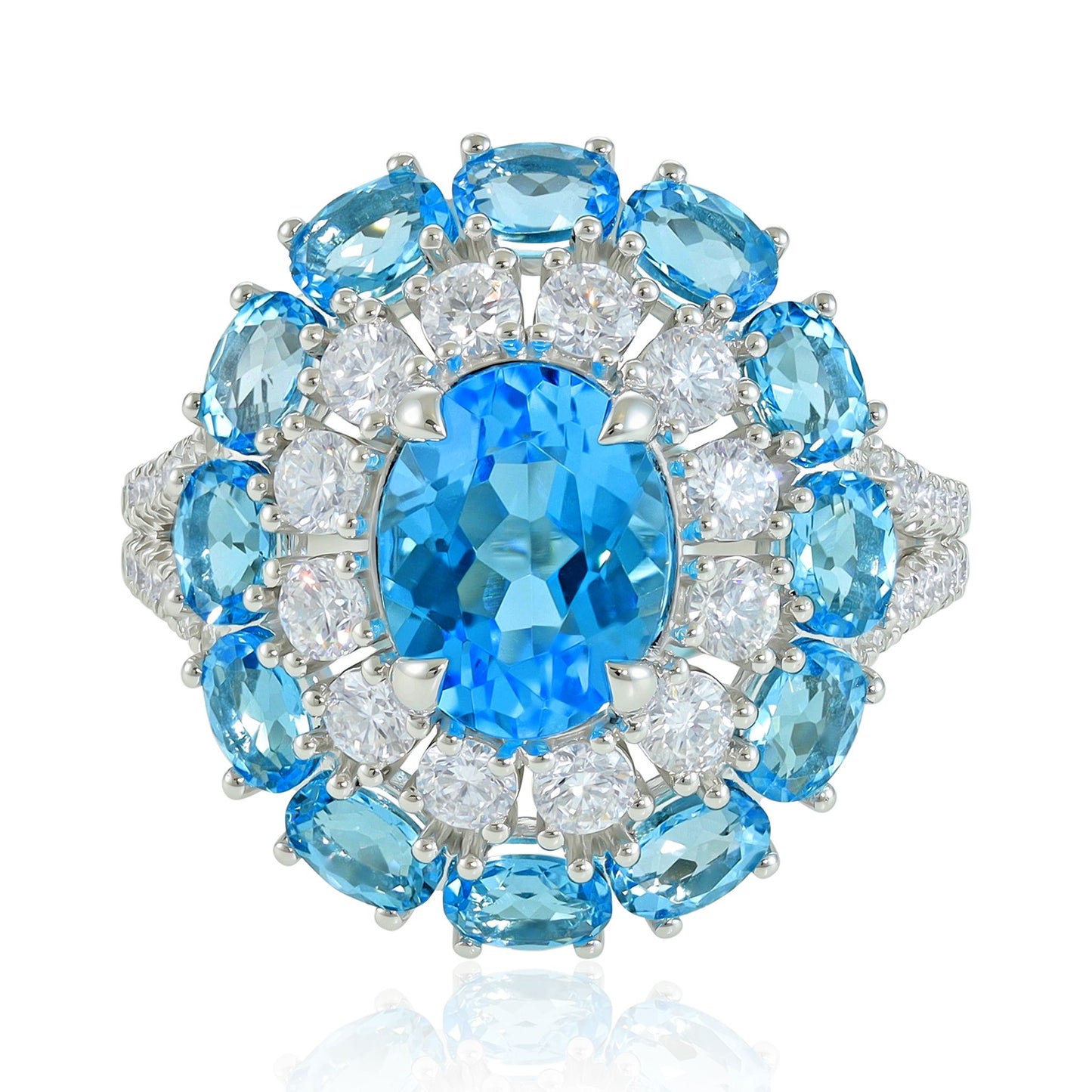 18ct Swiss Blue Topaz & Diamond Sunburst Cocktail Ring