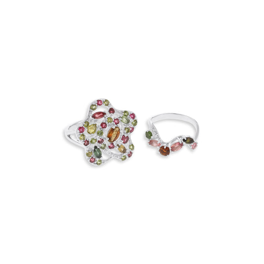 Sterling Silver Rhodium Plated Multi-tourmaline Flower Ring