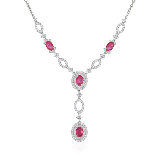 18ct White Gold Diamond and Ruby Drop Necklace