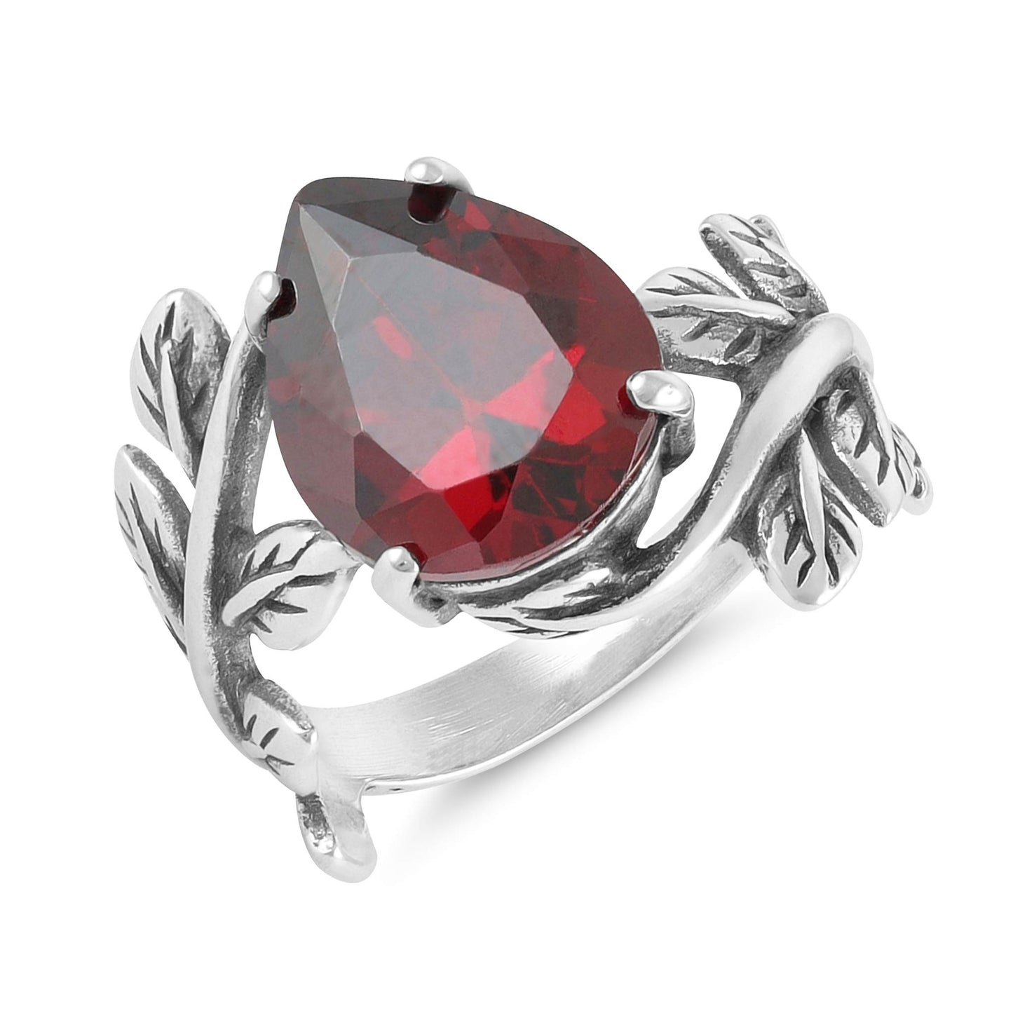 Sterling Silver Leaf Design Red Gemstone Ring