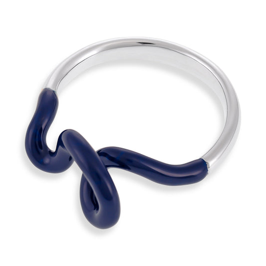 Sterling Silver Rhodium Plated Blue Enamel Twist Ring SRN3003