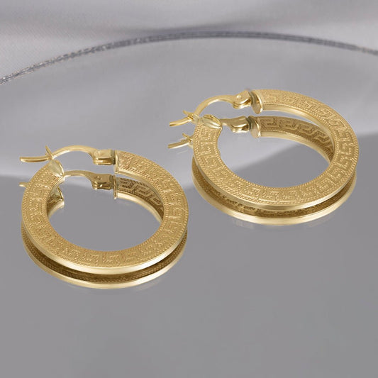 9ct Solid Yellow Gold Greek Key Hoop Earrings ERV0281