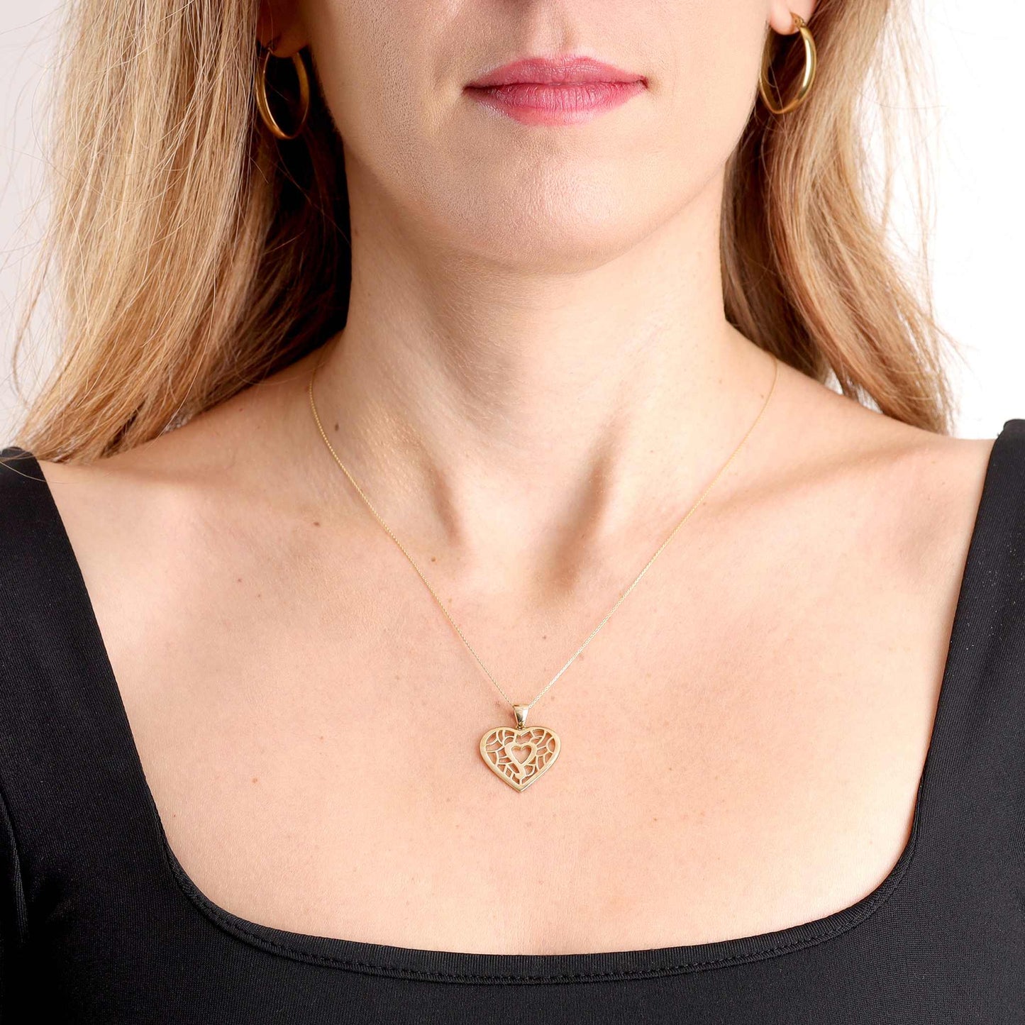 9ct Yellow Gold Patterned Double Heart Pendant