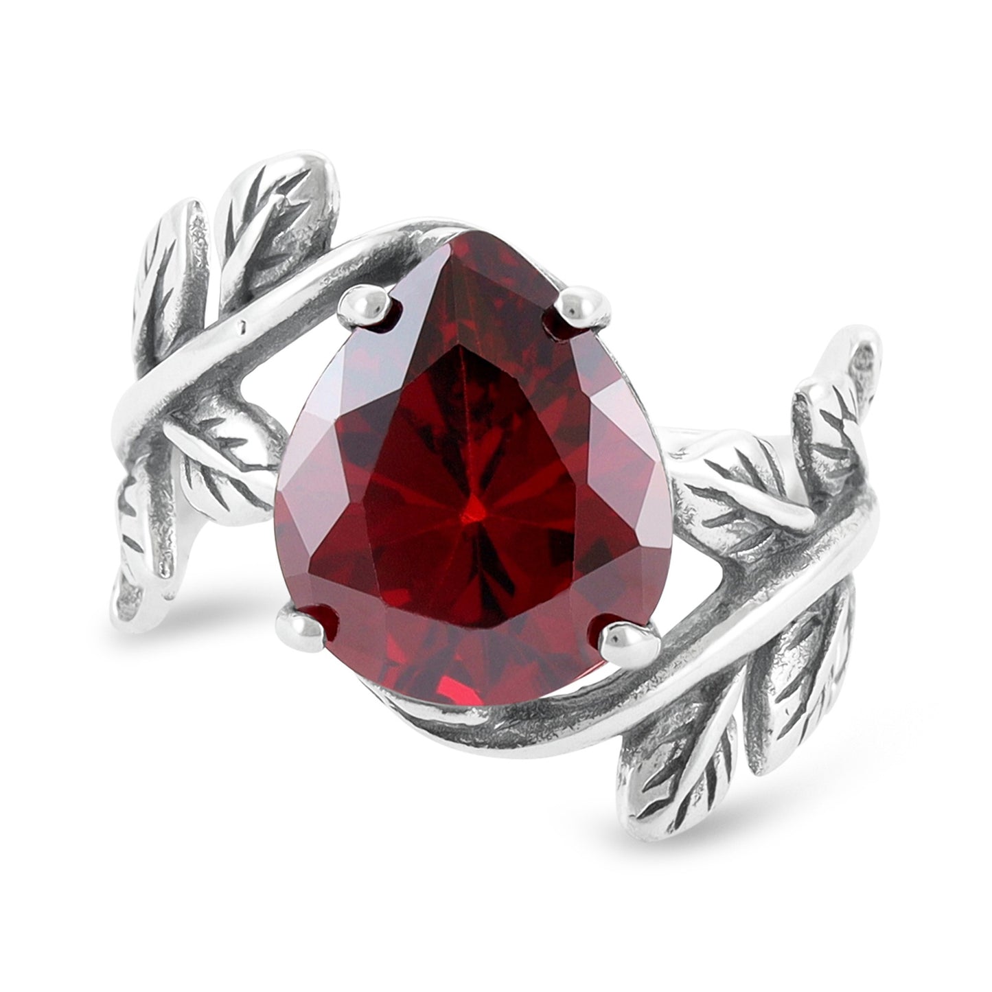 Sterling Silver Leaf Design Red Gemstone Ring