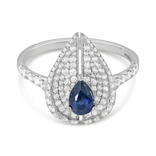 18ct White Gold Pear-Shaped Sapphire & Diamond Pave Ring