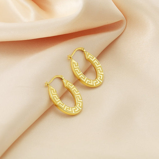 18ct Solid Yellow Gold Greek Key Hoop Earrings