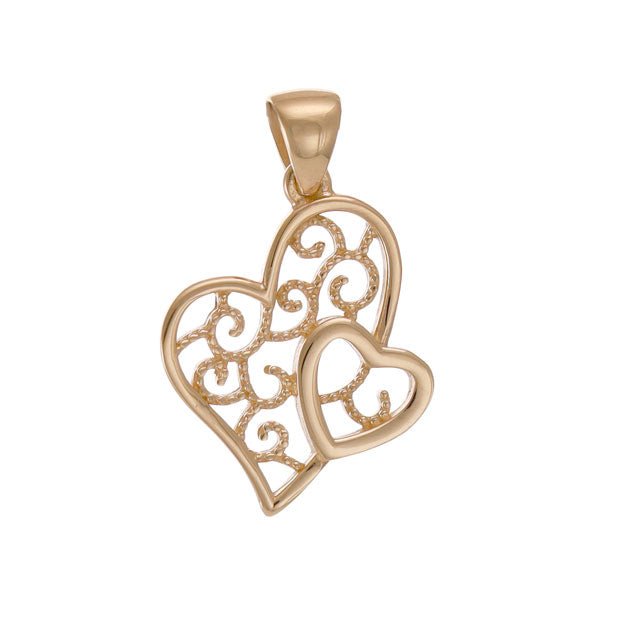 9ct Solid Gold Patterned Double Heart Pendant - 24mm PD60108-9Y