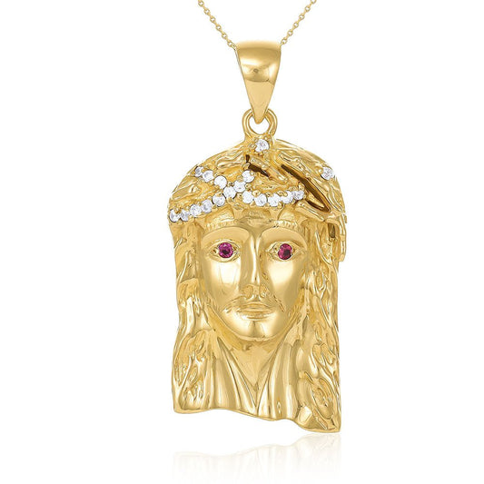 9ct Solid Gold Gem-Set Jesus Head Pendant With Cubic Zirconia - 48mm PD60008-9Y