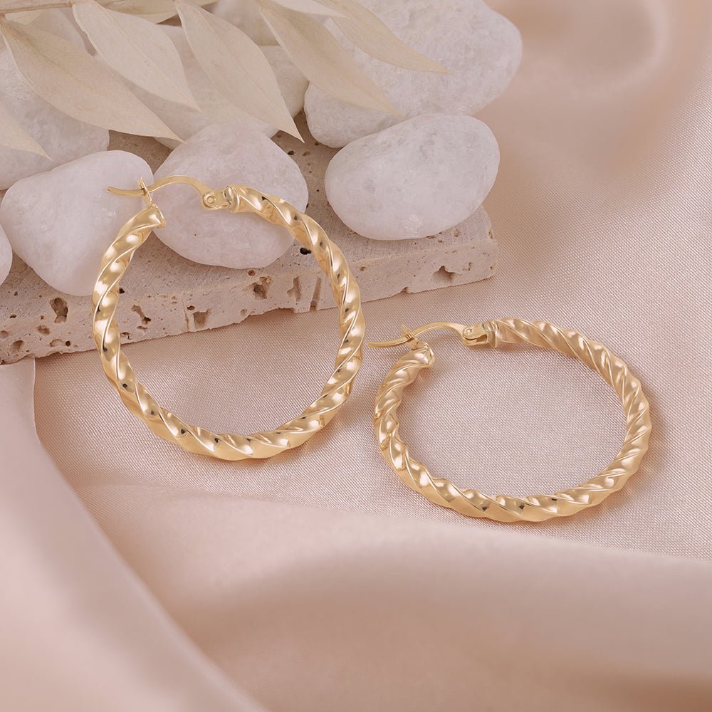 9ct Solid Yellow Gold Twisted Hoop Earrings ERV0496L