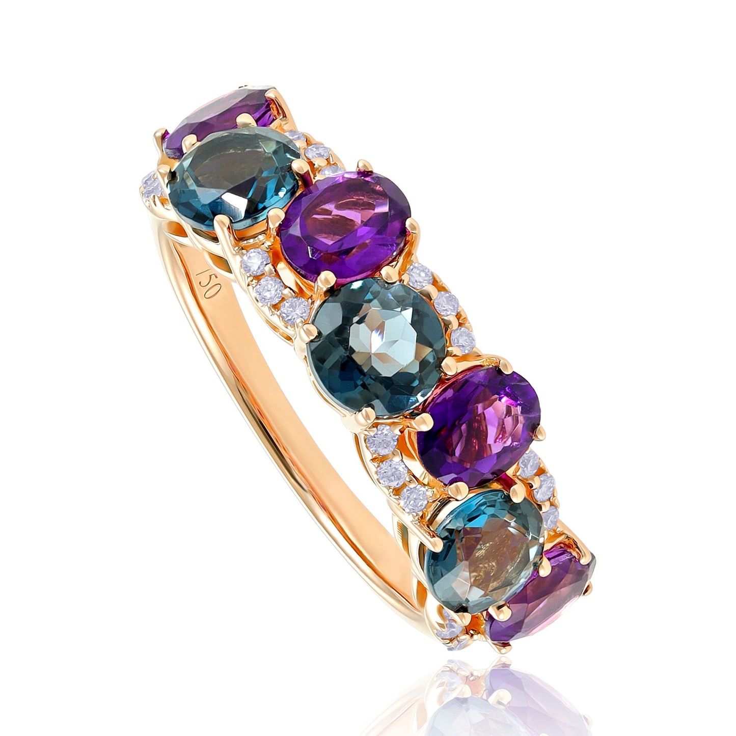 18ct Rose Gold Amethyst, Blue Topaz and Diamond Ring