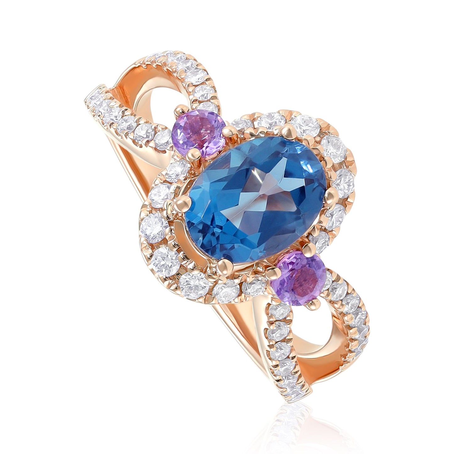 18ct Rose Gold Diamond Blue Topaz and Pink Amethyst Ring