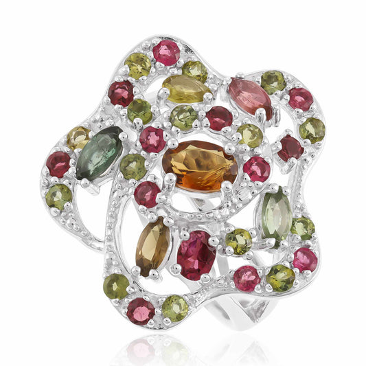 925 Silver Rhodium Plated Multi-tourmaline Flower Ring SRN3010